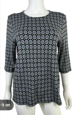 J. Jill Wearever Top Womens S 4-8 Black Blue Geometric Medallion Knit Pullover